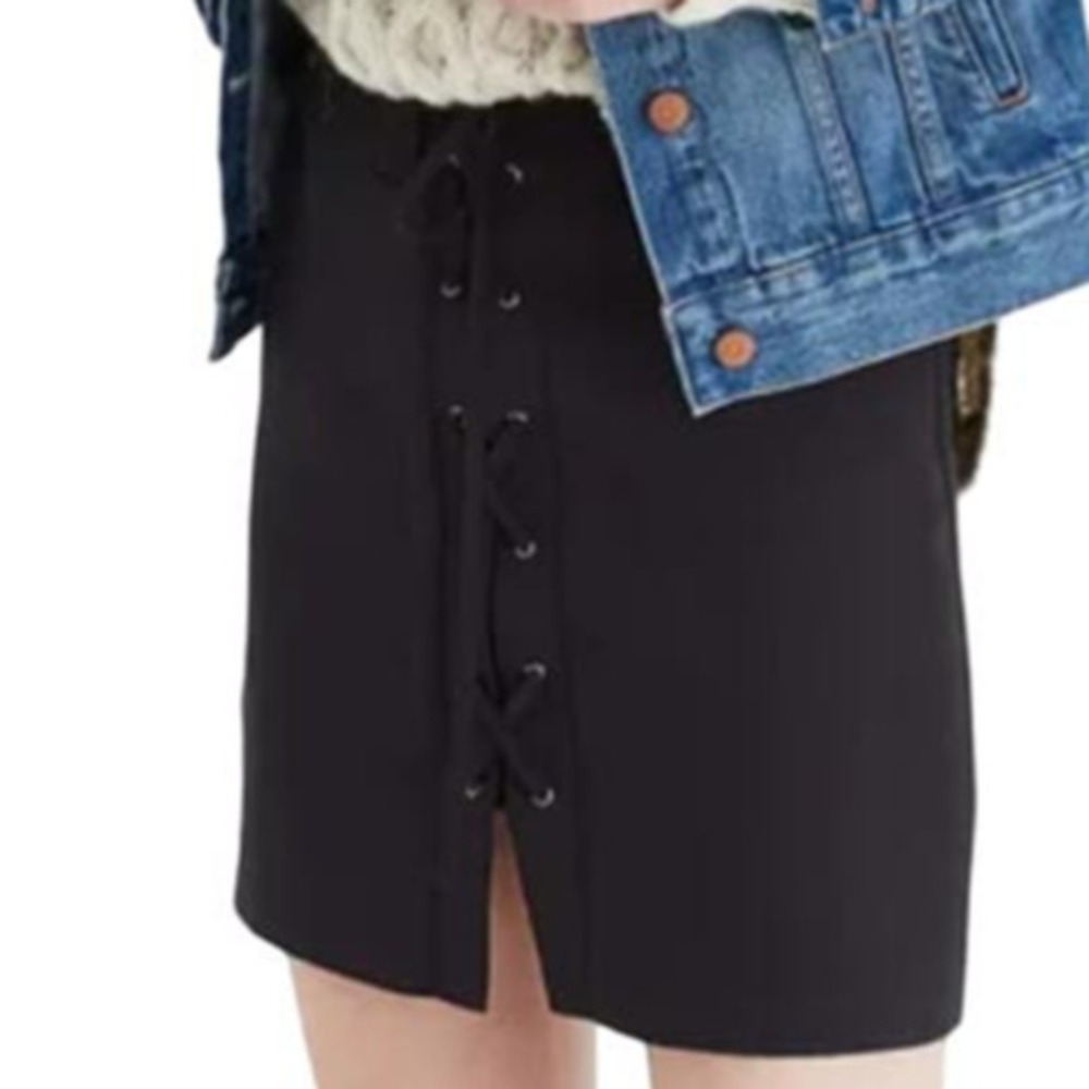Madewell Women's Lace-Up Front Back-Zip Mini Skirt Size 8 Black‎ Casual
